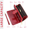 A red leather wallet with a wrist strap showing various compartments like ID window, zip pocket, and bill slot.