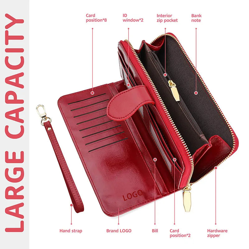 A red leather wallet with a wrist strap showing various compartments like ID window, zip pocket, and bill slot.