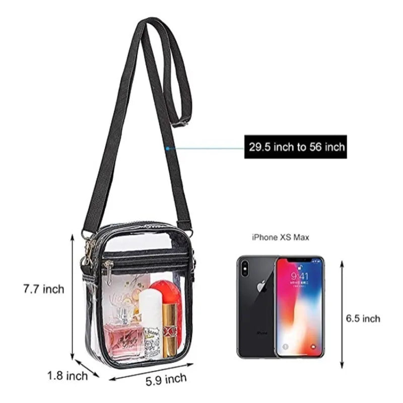 Clear transparent crossbody bag with adjustable strap shown next to an iPhone XS Max for scale.