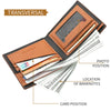 A brown transversal wallet showing various cash banknotes and a credit card inside.