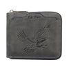 Cartera de cuero gris oscuro con diseño de águila vintage y cierre de cremallera.