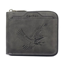 Portefeuille en cuir gris foncé avec motif aigle vintage et fermeture à zip.