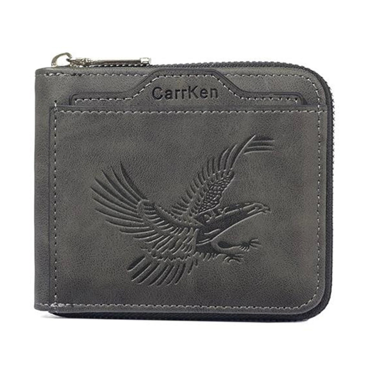 Cartera de cuero gris oscuro con diseño de águila vintage y cierre de cremallera.