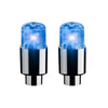 A pair of blue LED tire valve stem lights with silver bases.