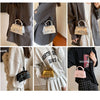 A collection of elegant square crossbody bags in various shades of beige and gold leather.