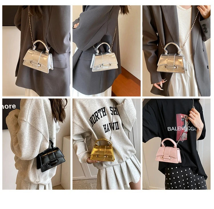 A collection of elegant square crossbody bags in various shades of beige and gold leather.
