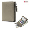 A beige genuine leather slim bi-fold wallet with a zipper closure and a card slot.