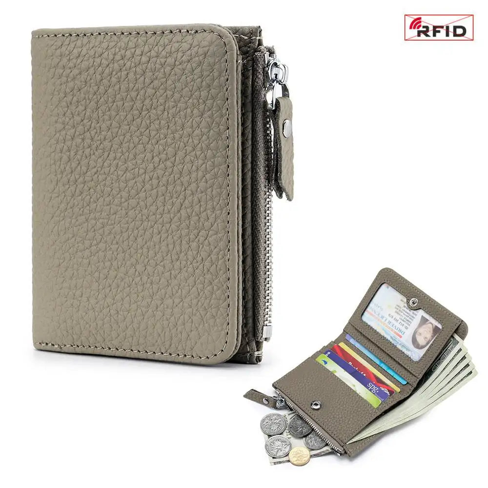 A beige genuine leather slim bi-fold wallet with a zipper closure and a card slot.