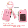 Pink leather card holder with a tassel and keychain bangle shown from the front and back.