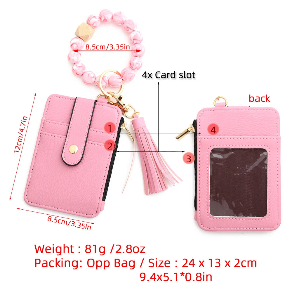 Pink leather card holder with a tassel and keychain bangle shown from the front and back.
