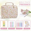 Pink quilted floral bible cover with a zipper and pen holder, shown next to various stationery items.