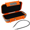 An orange portable travel lock box with a lid and a black cable is shown.