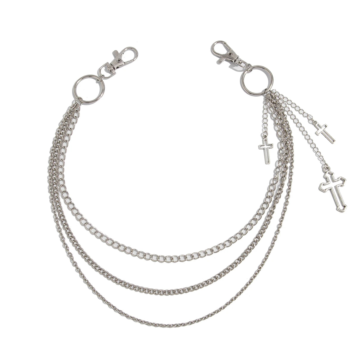Silver punk star chain belt featuring multiple strands and cross pendants
