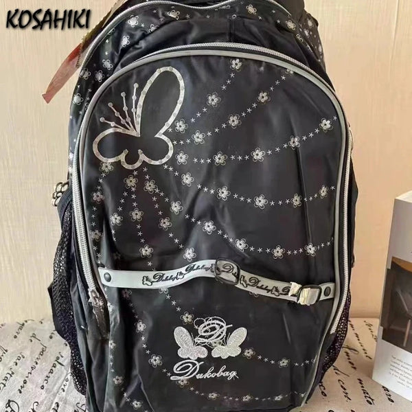 A black fashion backpack featuring a butterfly print design.