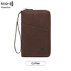 A brown leather RFID blocking passport and document holder with a lanyard.
