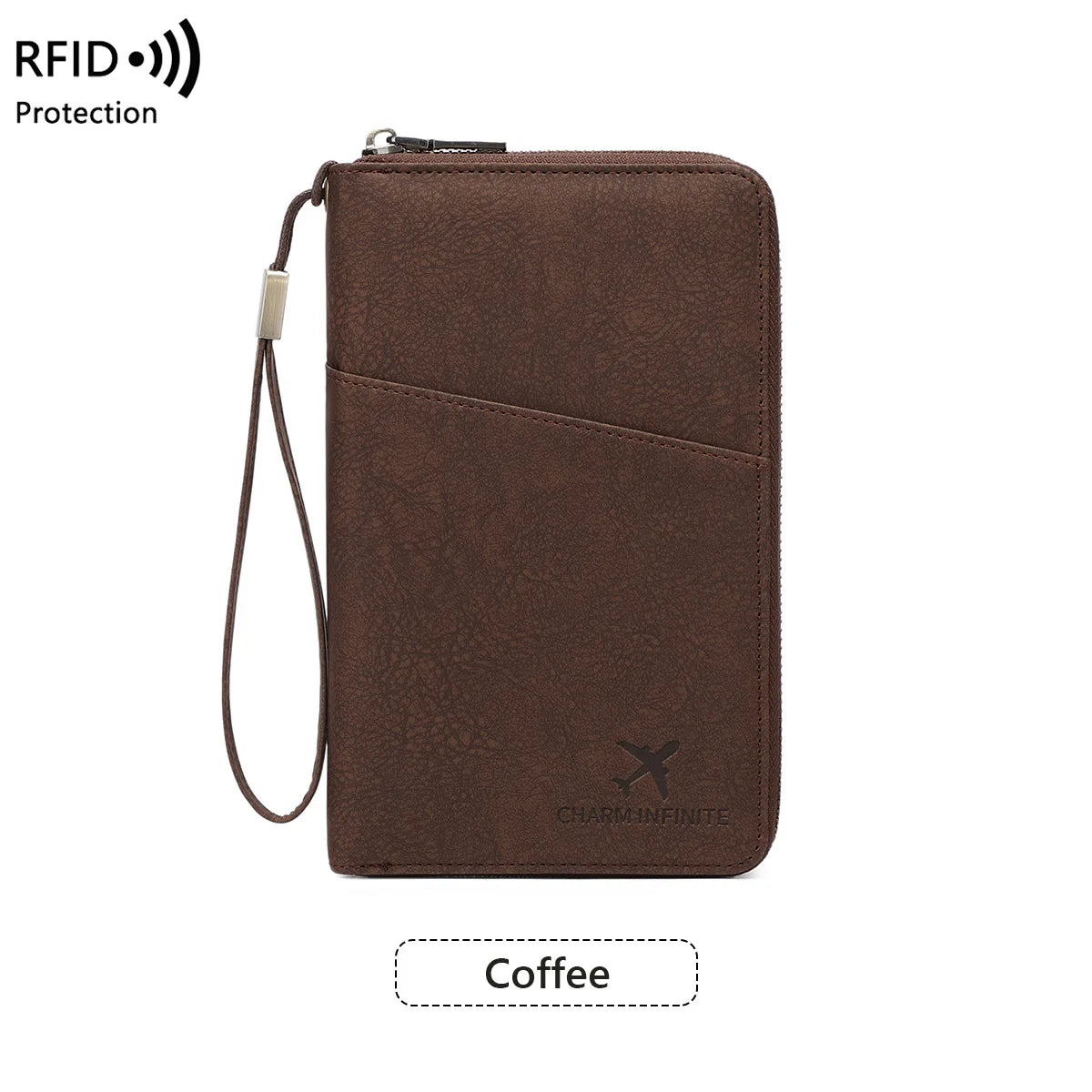 A brown leather RFID blocking passport and document holder with a lanyard.