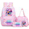 Pink backpack set featuring a main backpack and a matching pouch with colorful graphics.