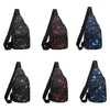 A set of four black and blue geometric patterned waterproof crossbody chest bags for men.