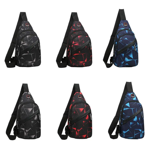 A set of four black and blue geometric patterned waterproof crossbody chest bags for men.