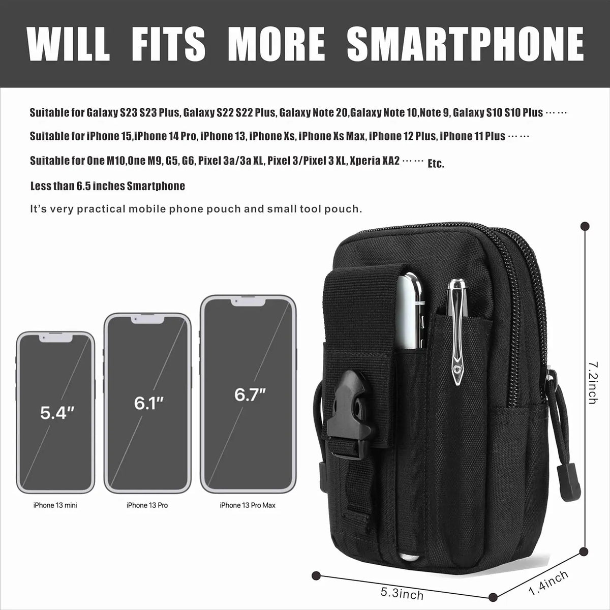Black tactical utility pouch for smartphones with a MOLLE strap and various phone sizes shown.