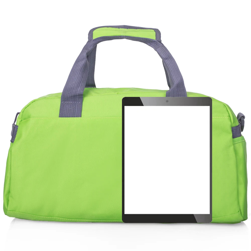 A lime green travel duffel bag with a black tablet inserted, featuring gray straps.