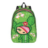 A bright green sport backpack featuring a rainbow design and a character face.