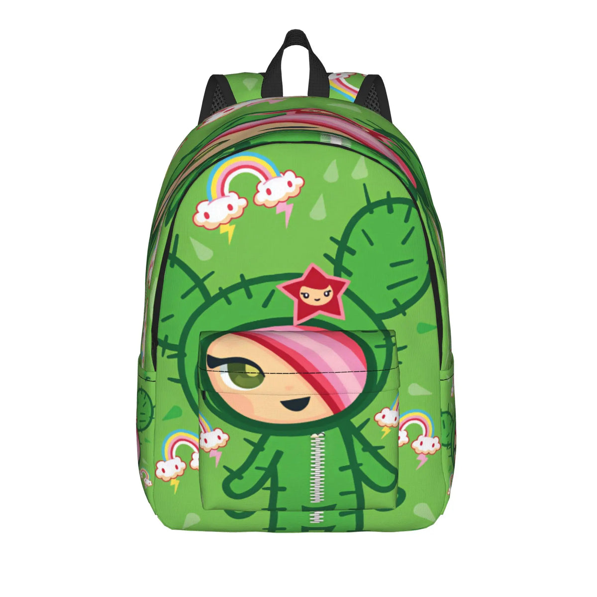 A bright green sport backpack featuring a rainbow design and a character face.