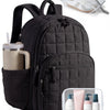 A black quilted laptop backpack with a water bottle and cosmetic items visible.