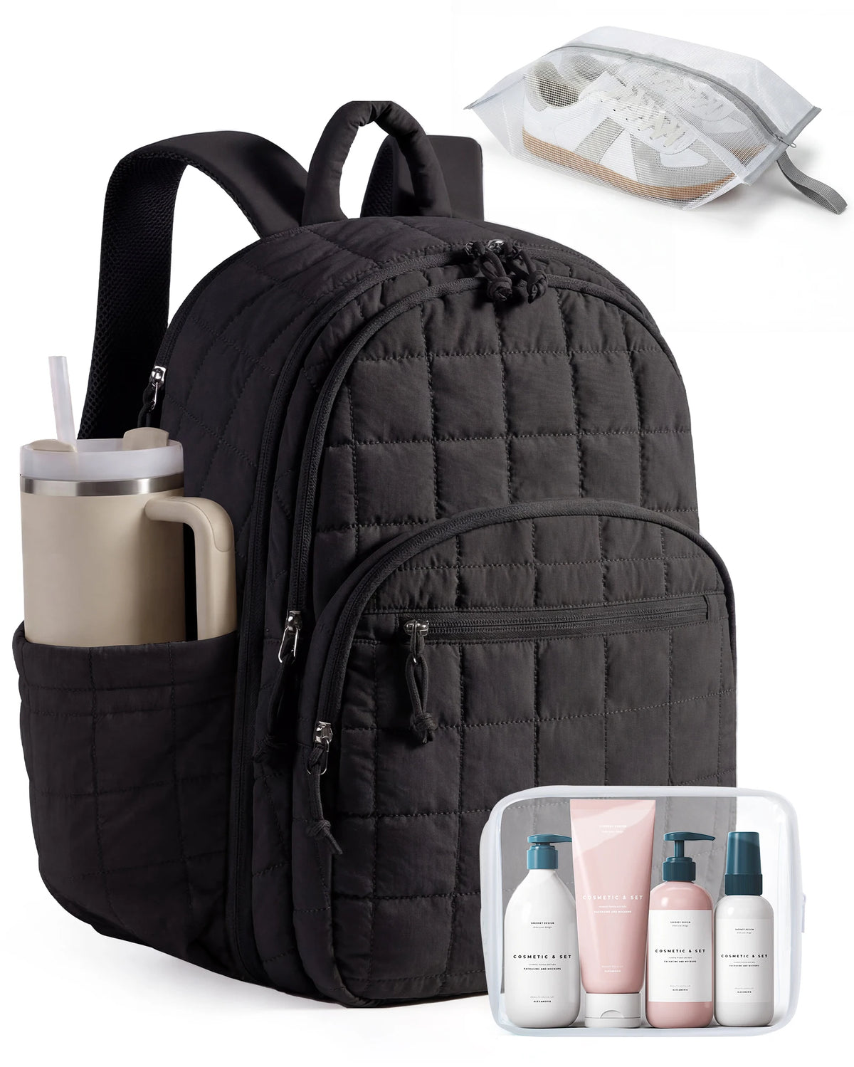 A black quilted laptop backpack with a water bottle and cosmetic items visible.