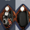 Before and after comparison of a travel electronics organizer pouch showing organized cables and accessories.
