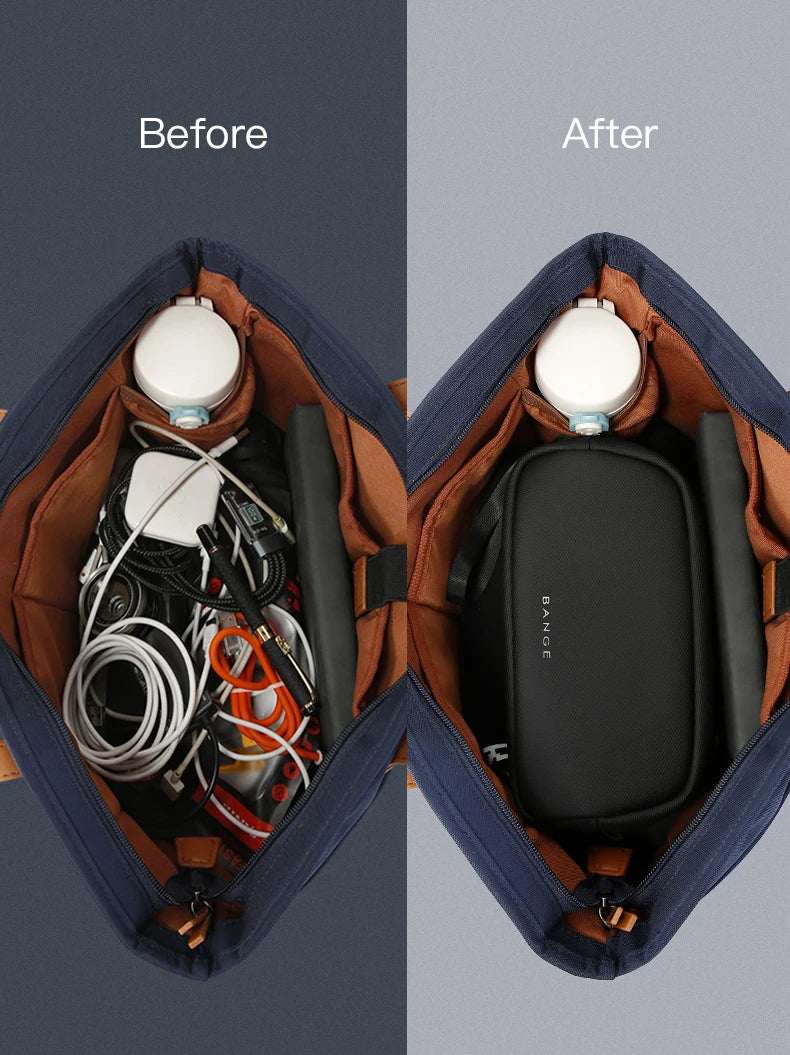 Before and after comparison of a travel electronics organizer pouch showing organized cables and accessories.