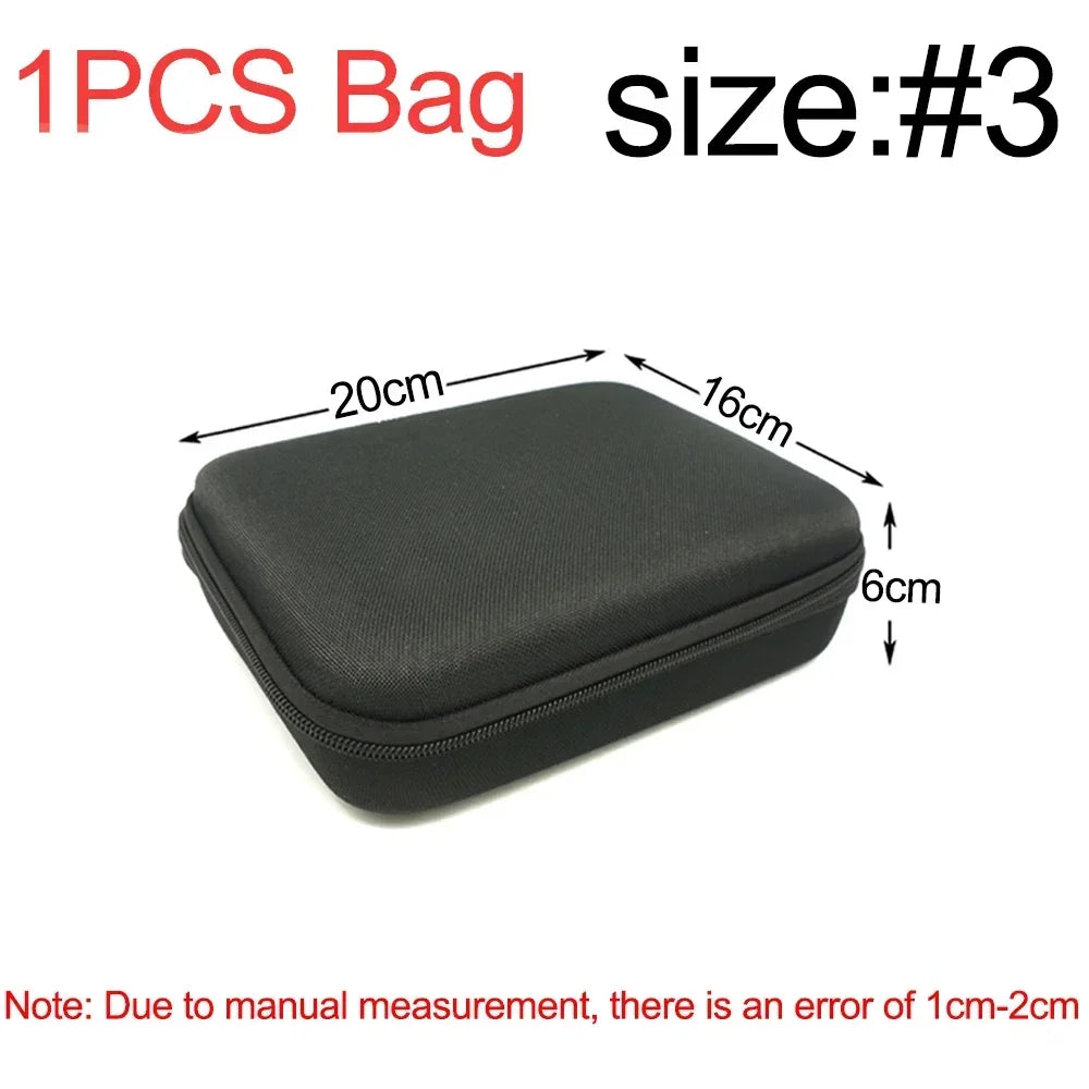 A black portable storage and travel organizer bag with dimensions 20cm by 16cm and a depth of 6cm.