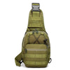 Olive green tactical sling backpack with a padded strap and multiple pockets