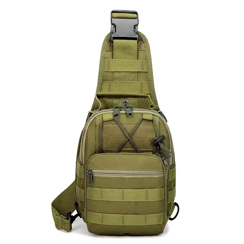 Olive green tactical sling backpack with a padded strap and multiple pockets
