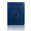 A dark blue leather passport holder wallet embossed with the United States of America eagle seal.