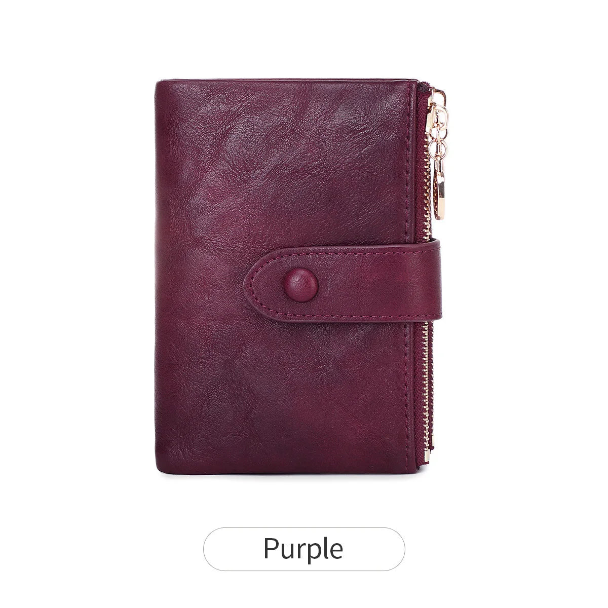 A deep purple leather foldable wallet with a flap and double zipper.