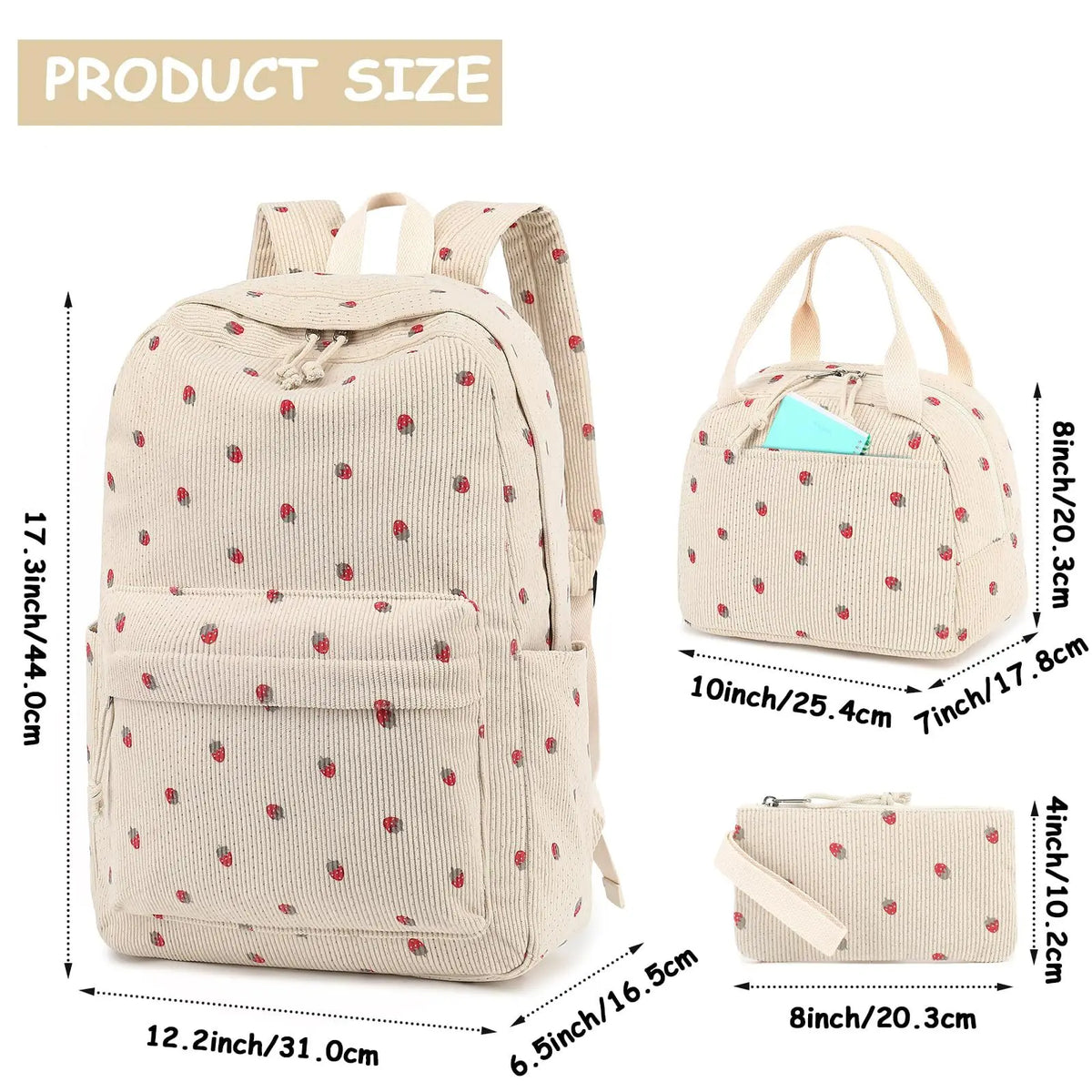 A beige corduroy strawberry backpack set showing various sizes and dimensions.