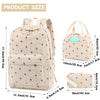 A beige corduroy strawberry backpack set showing various sizes and dimensions.