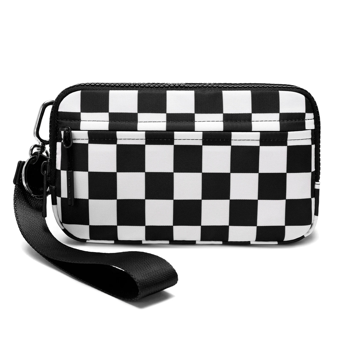 A black and white checkered multi-card wallet with a clear ID window shown against a white background.