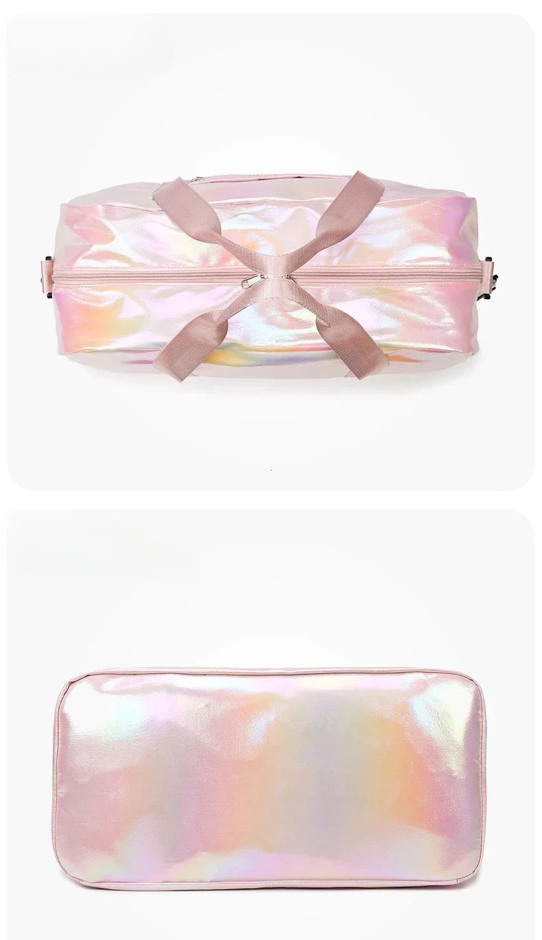 A pink iridescent nylon travel bag with a strap closure.