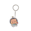 A round, cute cartoon character charm with a helmet and smiling face attached to a silver keyring.