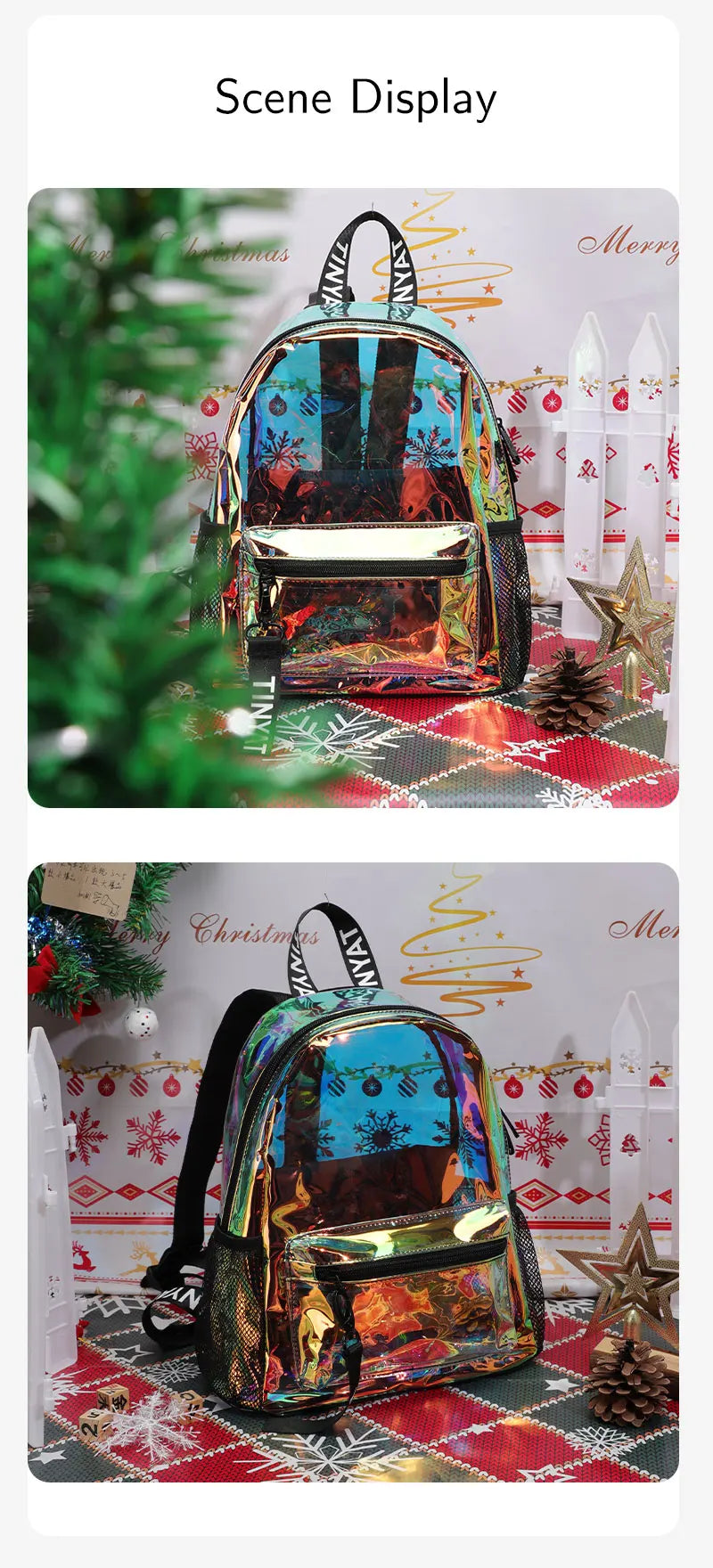 A clear PVC backpack with a holographic and iridescent finish displayed against a festive Christmas theme.