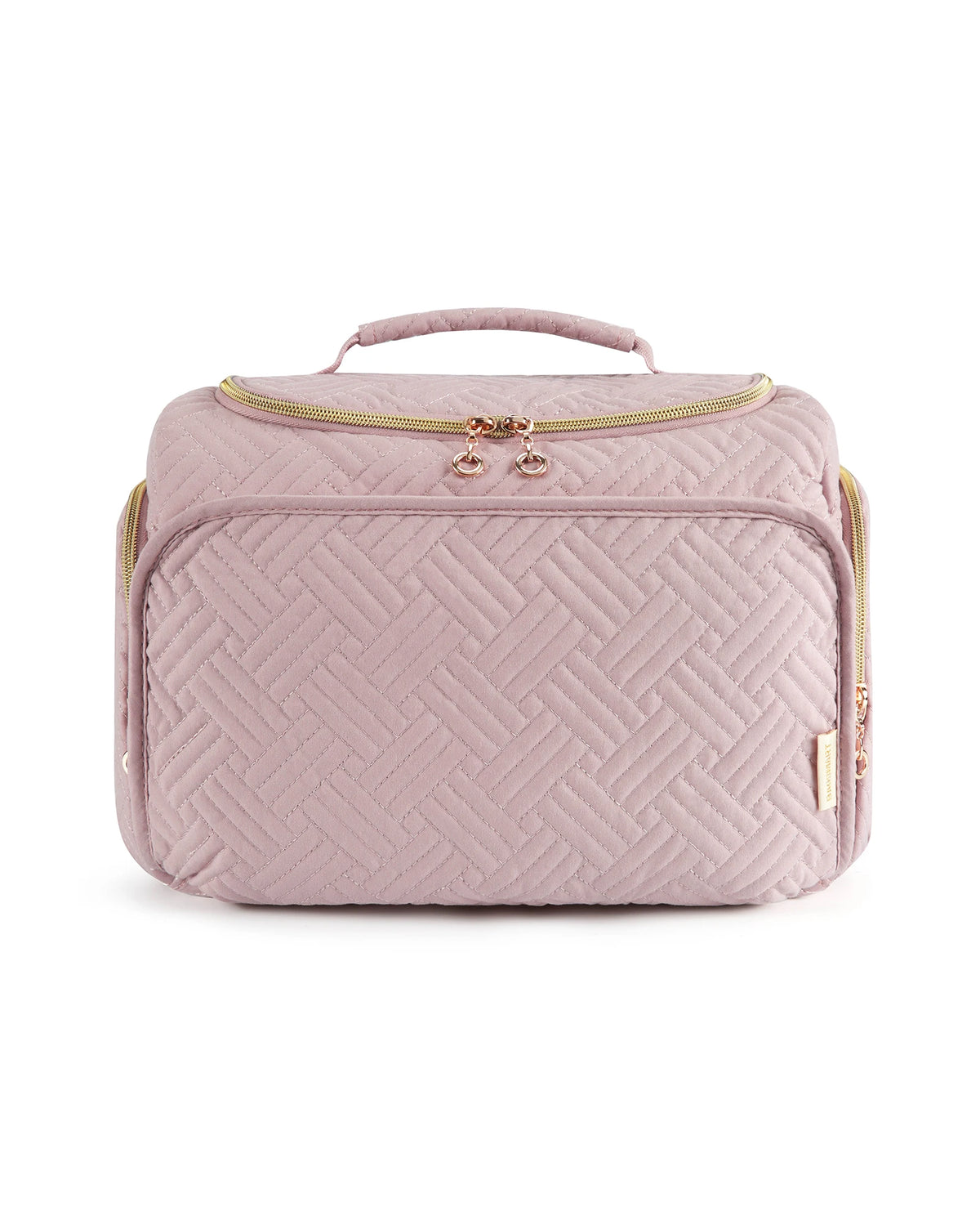 A light pink quilted cosmetic organizer bag with a handle and gold zipper details.