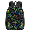 A black backpack featuring a vibrant pattern of colorful game controller graphics.