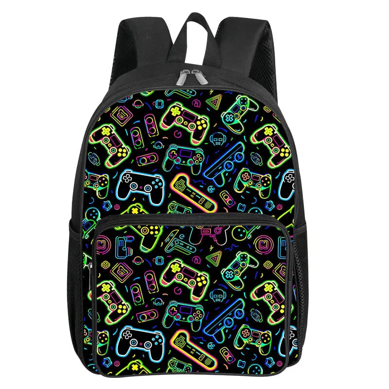A black backpack featuring a vibrant pattern of colorful game controller graphics.