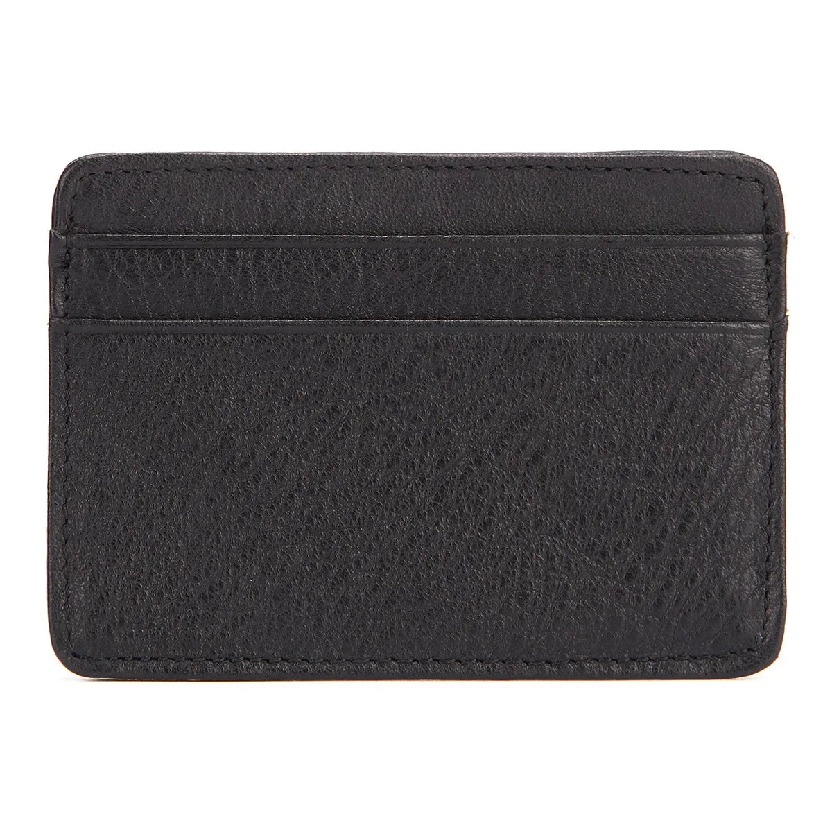 A black genuine leather card holder with a stitched edge shown against a white background.