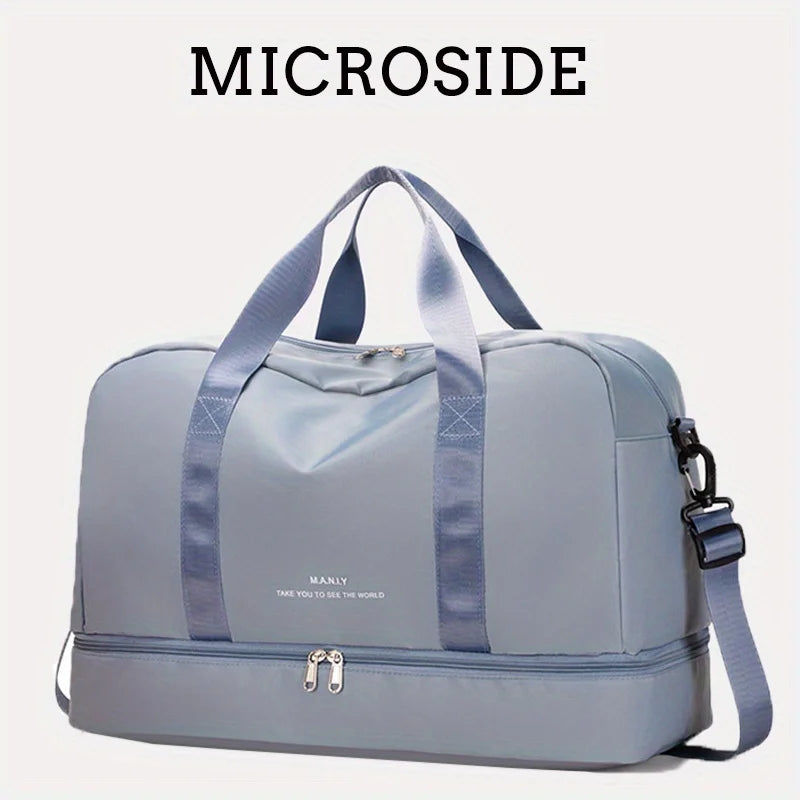 A light blue microside duffle bag with gray straps and a silver zipper, shown from the front.
