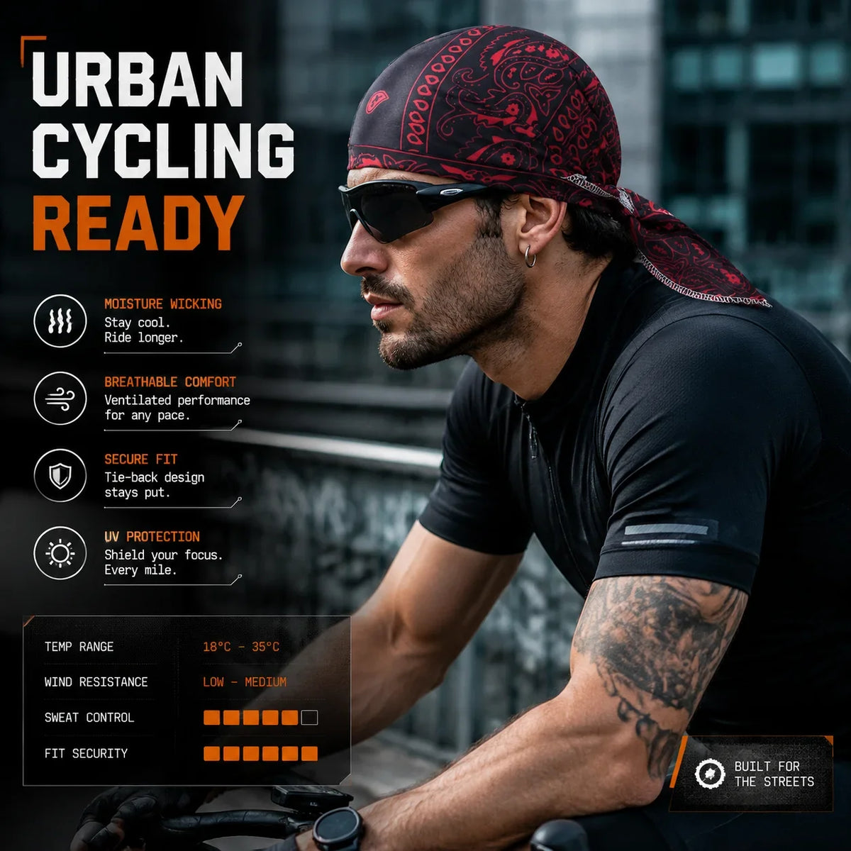 A man wearing sunglasses and a black shirt is cycling, featuring an urban cycling ready headband.