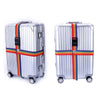Silver adjustable luggage with a colorful cross strap and combination lock.