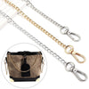 A close-up of an adjustable gold-tone chain strap for a handbag, shown alongside the finished product.